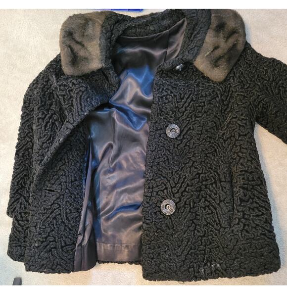 Vintage Black Curly Persian Lamb Jacket Coat Faux Mink Collar 1960s Size L - Picture 9 of 9